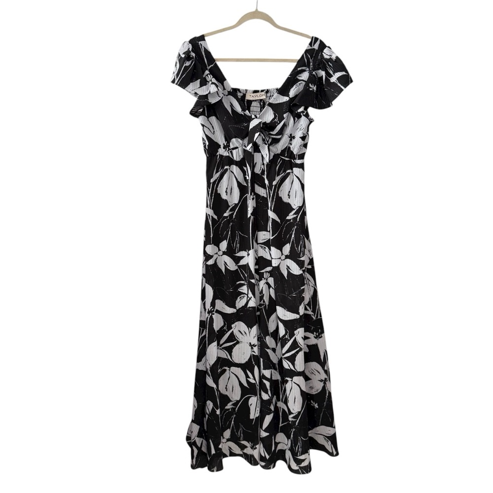 Taylor Size 8 Black White Floral Ruffle Maxi Dress Off Shoulder Fit & Flare